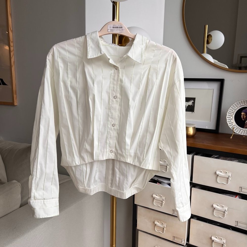 Pin striped cropped button down shirt